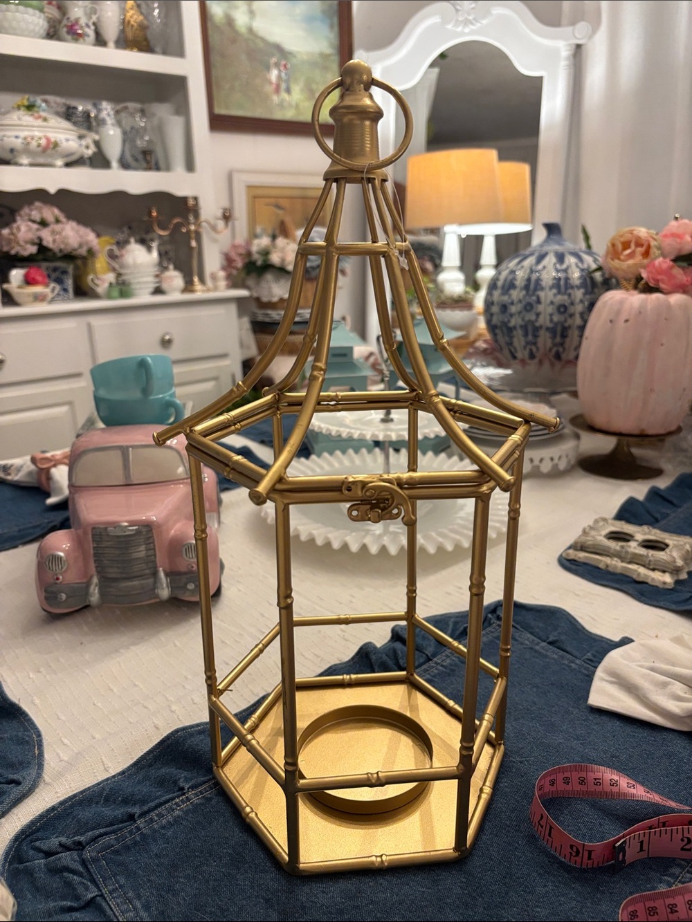 Gold Metal Pagoda Chinoiserie Lantern Decorative Home Accent